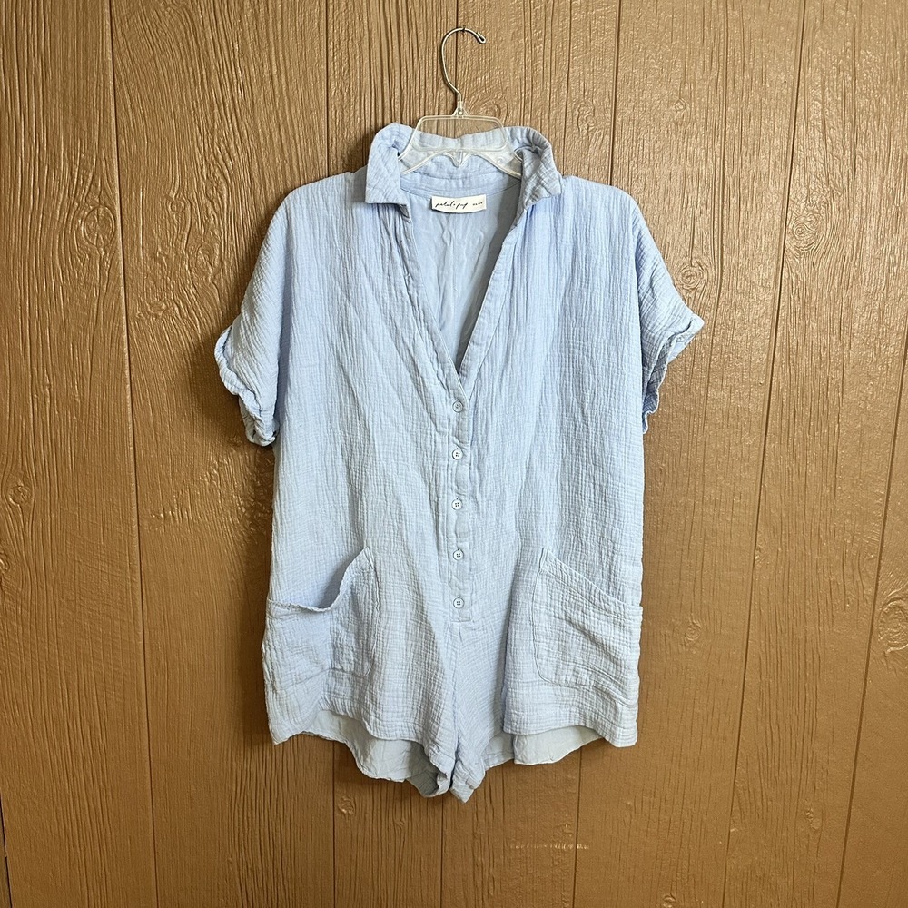 Petal & Pup Myah Gauze Romper Blue Sz L Coastal Beachy Vacation Cottagecore